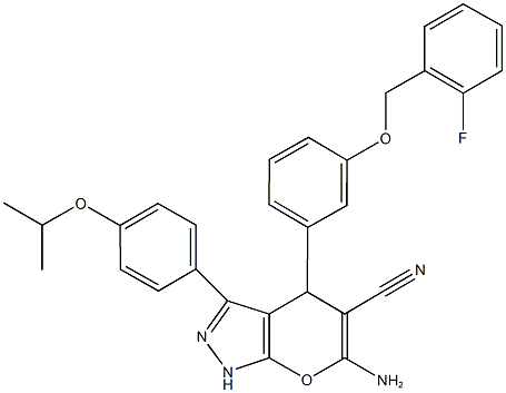 6-amino-4-{3-[(2-fluorobenzyl)oxy]phenyl}-3-(4-isopropoxyphenyl)-1,4-dihydropyrano[2,3-c]pyrazole-5-carbonitrile Structure