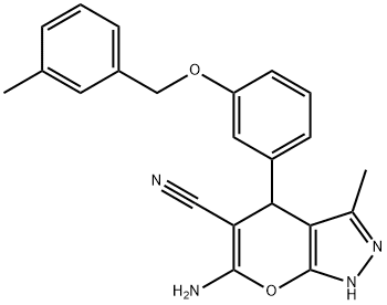 6-amino-3-methyl-4-{3-[(3-methylbenzyl)oxy]phenyl}-1,4-dihydropyrano[2,3-c]pyrazole-5-carbonitrile 化学構造式