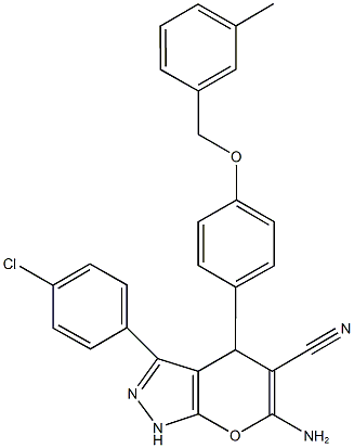 6-amino-3-(4-chlorophenyl)-4-{4-[(3-methylbenzyl)oxy]phenyl}-1,4-dihydropyrano[2,3-c]pyrazole-5-carbonitrile,667904-26-9,结构式