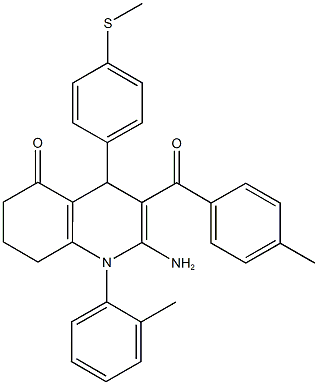 2-amino-3-(4-methylbenzoyl)-1-(2-methylphenyl)-4-[4-(methylsulfanyl)phenyl]-4,6,7,8-tetrahydroquinolin-5(1H)-one 化学構造式