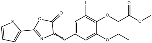 methyl {2-ethoxy-6-iodo-4-[(5-oxo-2-(2-thienyl)-1,3-oxazol-4(5H)-ylidene)methyl]phenoxy}acetate 化学構造式