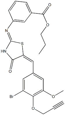 propyl 3-({5-[3-bromo-5-methoxy-4-(2-propynyloxy)benzylidene]-4-oxo-1,3-thiazolidin-2-ylidene}amino)benzoate 化学構造式