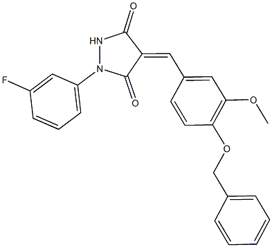 4-[4-(benzyloxy)-3-methoxybenzylidene]-1-(3-fluorophenyl)-3,5-pyrazolidinedione Struktur