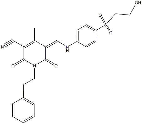 5-({4-[(2-hydroxyethyl)sulfonyl]anilino}methylene)-4-methyl-2,6-dioxo-1-(2-phenylethyl)-1,2,5,6-tetrahydro-3-pyridinecarbonitrile Structure