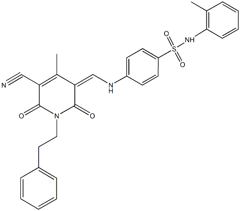 4-{[(5-cyano-4-methyl-2,6-dioxo-1-(2-phenylethyl)-1,6-dihydro-3(2H)-pyridinylidene)methyl]amino}-N-(2-methylphenyl)benzenesulfonamide 结构式