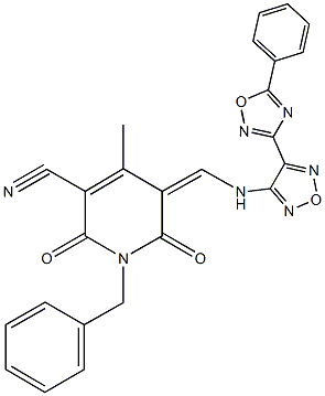 1-benzyl-4-methyl-2,6-dioxo-5-({[4-(5-phenyl-1,2,4-oxadiazol-3-yl)-1,2,5-oxadiazol-3-yl]amino}methylene)-1,2,5,6-tetrahydro-3-pyridinecarbonitrile,667907-37-1,结构式