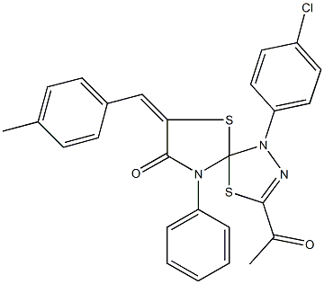 3-acetyl-1-(4-chlorophenyl)-7-(4-methylbenzylidene)-9-phenyl-4,6-dithia-1,2,9-triazaspiro[4.4]non-2-en-8-one 结构式