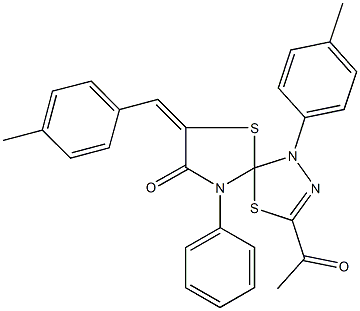 3-acetyl-7-(4-methylbenzylidene)-1-(4-methylphenyl)-9-phenyl-4,6-dithia-1,2,9-triazaspiro[4.4]non-2-en-8-one Struktur