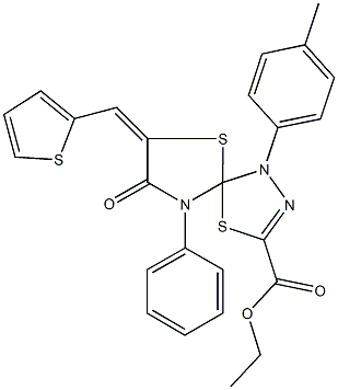 ethyl 1-(4-methylphenyl)-8-oxo-9-phenyl-7-(thien-2-ylmethylene)-4,6-dithia-1,2,9-triazaspiro[4.4]non-2-ene-3-carboxylate Structure