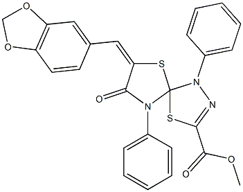 methyl 7-(1,3-benzodioxol-5-ylmethylene)-8-oxo-1,9-diphenyl-4,6-dithia-1,2,9-triazaspiro[4.4]non-2-ene-3-carboxylate Struktur