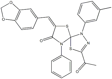 3-acetyl-7-(1,3-benzodioxol-5-ylmethylene)-1-(3-methylphenyl)-9-phenyl-4,6-dithia-1,2,9-triazaspiro[4.4]non-2-en-8-one Structure