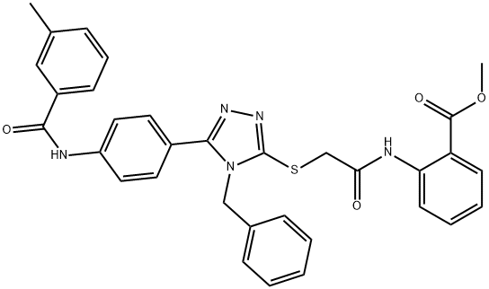 methyl 2-({[(4-benzyl-5-{4-[(3-methylbenzoyl)amino]phenyl}-4H-1,2,4-triazol-3-yl)sulfanyl]acetyl}amino)benzoate 化学構造式