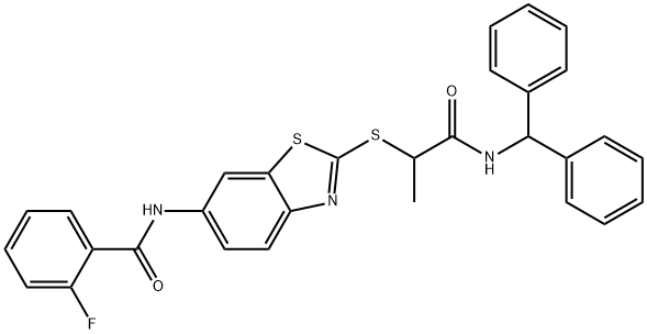 N-(2-{[2-(benzhydrylamino)-1-methyl-2-oxoethyl]sulfanyl}-1,3-benzothiazol-6-yl)-2-fluorobenzamide,667908-45-4,结构式