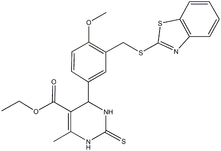ethyl 4-{3-[(1,3-benzothiazol-2-ylsulfanyl)methyl]-4-methoxyphenyl}-6-methyl-2-thioxo-1,2,3,4-tetrahydro-5-pyrimidinecarboxylate 化学構造式