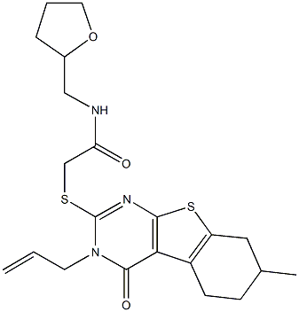 2-[(3-allyl-7-methyl-4-oxo-3,4,5,6,7,8-hexahydro[1]benzothieno[2,3-d]pyrimidin-2-yl)sulfanyl]-N-(tetrahydro-2-furanylmethyl)acetamide,667912-96-1,结构式