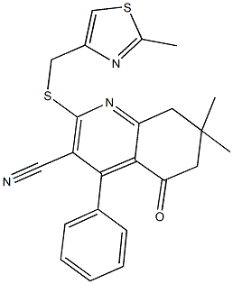 7,7-dimethyl-2-{[(2-methyl-1,3-thiazol-4-yl)methyl]sulfanyl}-5-oxo-4-phenyl-5,6,7,8-tetrahydro-3-quinolinecarbonitrile,667913-23-7,结构式