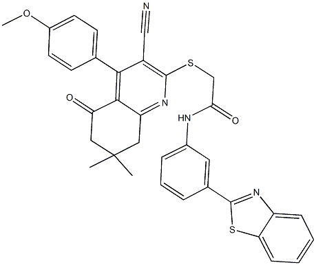 N-[3-(1,3-benzothiazol-2-yl)phenyl]-2-{[3-cyano-4-(4-methoxyphenyl)-7,7-dimethyl-5-oxo-5,6,7,8-tetrahydro-2-quinolinyl]sulfanyl}acetamide,667913-28-2,结构式