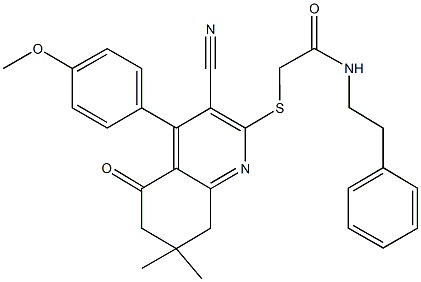 2-{[3-cyano-4-(4-methoxyphenyl)-7,7-dimethyl-5-oxo-5,6,7,8-tetrahydro-2-quinolinyl]sulfanyl}-N-(2-phenylethyl)acetamide 化学構造式