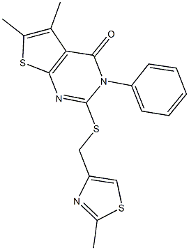 5,6-dimethyl-2-{[(2-methyl-1,3-thiazol-4-yl)methyl]sulfanyl}-3-phenylthieno[2,3-d]pyrimidin-4(3H)-one Struktur