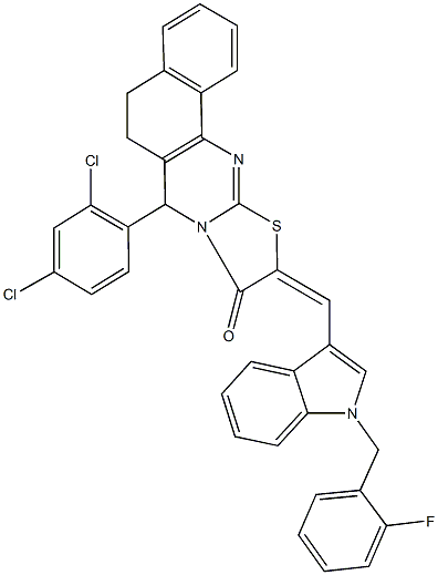 7-(2,4-dichlorophenyl)-10-{[1-(2-fluorobenzyl)-1H-indol-3-yl]methylene}-5,7-dihydro-6H-benzo[h][1,3]thiazolo[2,3-b]quinazolin-9(10H)-one Struktur