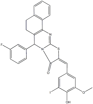 7-(3-fluorophenyl)-10-(4-hydroxy-3-iodo-5-methoxybenzylidene)-5,7-dihydro-6H-benzo[h][1,3]thiazolo[2,3-b]quinazolin-9(10H)-one 结构式