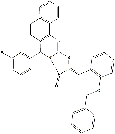 10-[2-(benzyloxy)benzylidene]-7-(3-fluorophenyl)-5,7-dihydro-6H-benzo[h][1,3]thiazolo[2,3-b]quinazolin-9(10H)-one Struktur