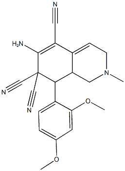 6-amino-8-(2,4-dimethoxyphenyl)-2-methyl-2,3,8,8a-tetrahydro-5,7,7(1H)-isoquinolinetricarbonitrile,667914-29-6,结构式