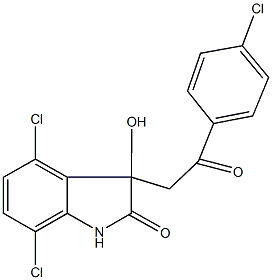 4,7-dichloro-3-[2-(4-chlorophenyl)-2-oxoethyl]-3-hydroxy-1,3-dihydro-2H-indol-2-one 化学構造式