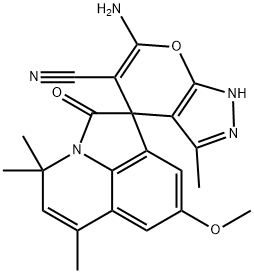 6-amino-8'-methoxy-3,4',4',6'-tetramethyl-1,4-dihydro-2'(1'H)-oxospiro(pyrano[2,3-c]pyrazole-4,1'[4'H]-pyrrolo[3,2,1-ij]quinoline)-5-carbonitrile Struktur