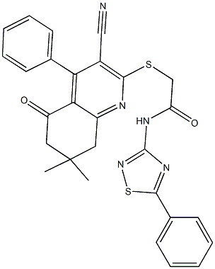 2-[(3-cyano-7,7-dimethyl-5-oxo-4-phenyl-5,6,7,8-tetrahydro-2-quinolinyl)sulfanyl]-N-(5-phenyl-1,2,4-thiadiazol-3-yl)acetamide|