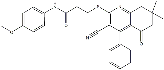 3-[(3-cyano-7,7-dimethyl-5-oxo-4-phenyl-5,6,7,8-tetrahydro-2-quinolinyl)sulfanyl]-N-(4-methoxyphenyl)propanamide Struktur