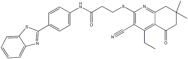 N-[4-(1,3-benzothiazol-2-yl)phenyl]-3-[(3-cyano-4-ethyl-7,7-dimethyl-5-oxo-5,6,7,8-tetrahydro-2-quinolinyl)sulfanyl]propanamide Structure