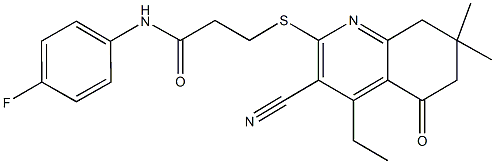 3-[(3-cyano-4-ethyl-7,7-dimethyl-5-oxo-5,6,7,8-tetrahydro-2-quinolinyl)sulfanyl]-N-(4-fluorophenyl)propanamide Structure