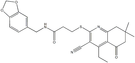 N-(1,3-benzodioxol-5-ylmethyl)-3-[(3-cyano-4-ethyl-7,7-dimethyl-5-oxo-5,6,7,8-tetrahydro-2-quinolinyl)sulfanyl]propanamide,670272-98-7,结构式