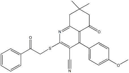 4-(4-methoxyphenyl)-7,7-dimethyl-5-oxo-2-[(2-oxo-2-phenylethyl)sulfanyl]-5,6,7,8-tetrahydro-3-quinolinecarbonitrile 化学構造式