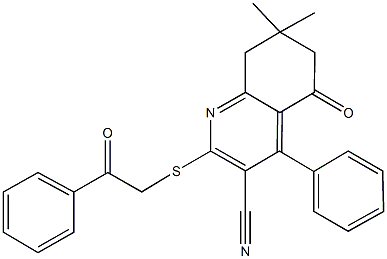 7,7-dimethyl-5-oxo-2-[(2-oxo-2-phenylethyl)sulfanyl]-4-phenyl-5,6,7,8-tetrahydro-3-quinolinecarbonitrile Struktur