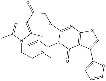 3-allyl-5-(2-furyl)-2-({2-[1-(2-methoxyethyl)-2,5-dimethyl-1H-pyrrol-3-yl]-2-oxoethyl}sulfanyl)thieno[2,3-d]pyrimidin-4(3H)-one,671200-62-7,结构式