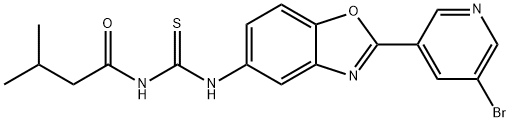 N-[2-(5-bromo-3-pyridinyl)-1,3-benzoxazol-5-yl]-N'-(3-methylbutanoyl)thiourea 结构式