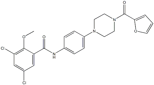3,5-dichloro-N-{4-[4-(2-furoyl)-1-piperazinyl]phenyl}-2-methoxybenzamide 化学構造式