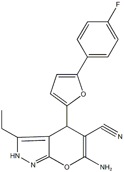 6-amino-3-ethyl-4-[5-(4-fluorophenyl)-2-furyl]-2,4-dihydropyrano[2,3-c]pyrazole-5-carbonitrile 化学構造式