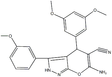 6-amino-4-(3,5-dimethoxyphenyl)-3-(3-methoxyphenyl)-2,4-dihydropyrano[2,3-c]pyrazole-5-carbonitrile 结构式
