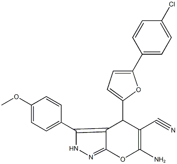 6-amino-4-[5-(4-chlorophenyl)-2-furyl]-3-(4-methoxyphenyl)-2,4-dihydropyrano[2,3-c]pyrazole-5-carbonitrile 化学構造式