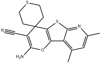 2-amino-7,9-dimethyl-3',4',5',6'-tetrahydrospiro(4H-pyrano[2',3':4,5]thieno[2,3-b]pyridine-4,4'-[2'H]-thiopyran)-3-carbonitrile 化学構造式