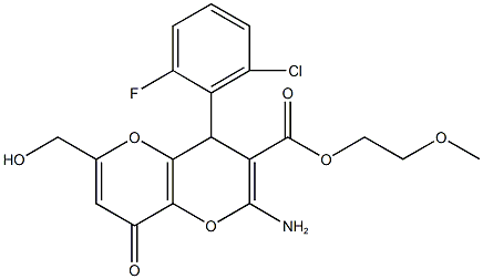 2-methoxyethyl 2-amino-4-(2-chloro-6-fluorophenyl)-6-(hydroxymethyl)-8-oxo-4,8-dihydropyrano[3,2-b]pyran-3-carboxylate Struktur