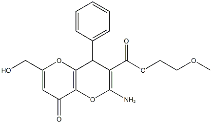 2-methoxyethyl 2-amino-6-(hydroxymethyl)-8-oxo-4-phenyl-4,8-dihydropyrano[3,2-b]pyran-3-carboxylate Struktur