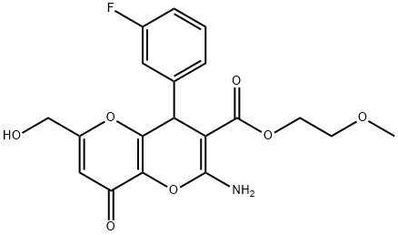 2-methoxyethyl 2-amino-4-(3-fluorophenyl)-6-(hydroxymethyl)-8-oxo-4,8-dihydropyrano[3,2-b]pyran-3-carboxylate Struktur