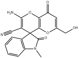 2'-amino-6'-(hydroxymethyl)-1-methyl-1,3,4',8'-tetrahydro-2,8'-dioxospiro(2H-indole-3,4'-pyrano[3,2-b]pyran)-3'-carbonitrile Structure