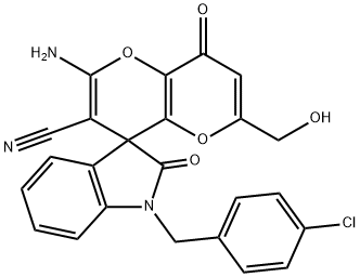 2'-amino-1-(4-chlorobenzyl)-6'-(hydroxymethyl)-1,3,4',8'-tetrahydro-2,8'-dioxospiro(2H-indole-3,4'-pyrano[3,2-b]pyran)-3'-carbonitrile Structure