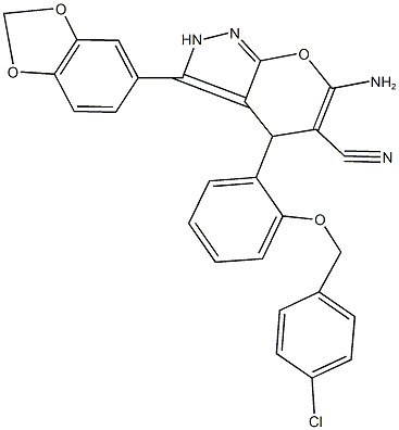 6-amino-3-(1,3-benzodioxol-5-yl)-4-{2-[(4-chlorobenzyl)oxy]phenyl}-2,4-dihydropyrano[2,3-c]pyrazole-5-carbonitrile 结构式
