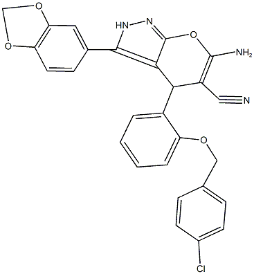 6-amino-3-(1,3-benzodioxol-5-yl)-4-{2-[(4-chlorobenzyl)oxy]phenyl}-2,4-dihydropyrano[2,3-c]pyrazole-5-carbonitrile,674806-02-1,结构式